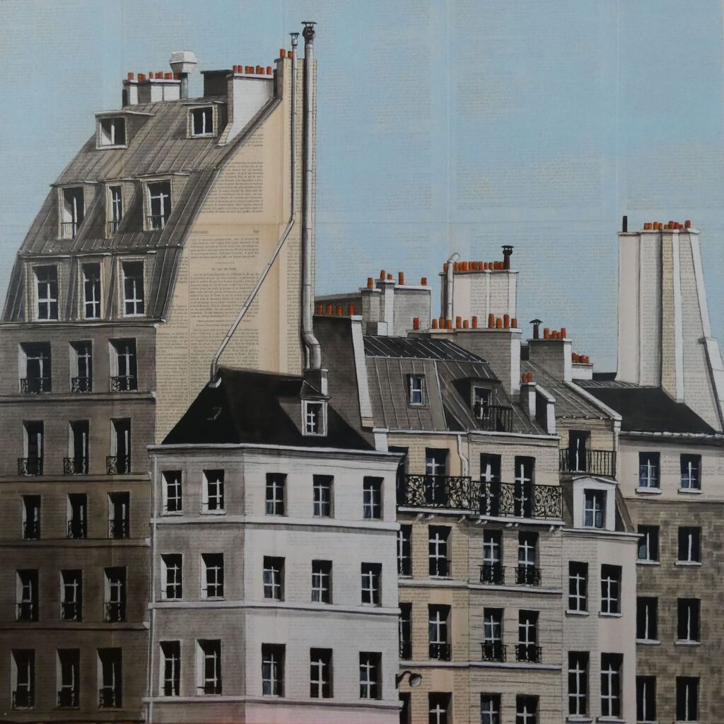 Avant: tableau de l’artiste contemporain Guillaume Chansarel représentant un paysage parisien peint sur les pages de livres anciens.