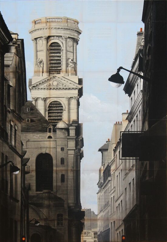 Badaboum: a painting by contemporary artist Guillaume Chansarel depicting a Parisian landscape painted on old book pages.
