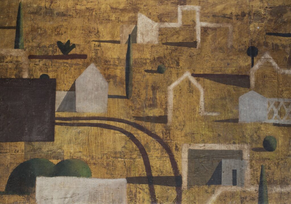 BUOCRE: grand tableau de l’artiste espagnol Ramon Enrich représentant un paysage avec architecture