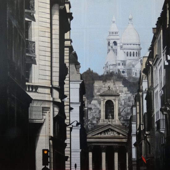 Columns & Columns: a painting by contemporary artist Guillaume Chansarel depicting a view of the Sacré-Cœur basilica in Paris painted on old book pages.