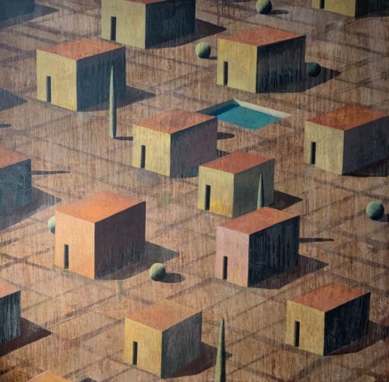 CORVAI : grand tableau de l’artiste espagnol Ramon Enrich représentant un paysage avec architecture