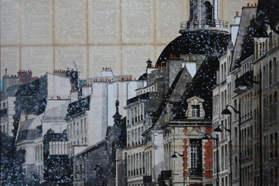 Dôme: tableau de l’artiste contemporain Guillaume Chansarel représentant un paysage parisien peint sur les pages de livres anciens.