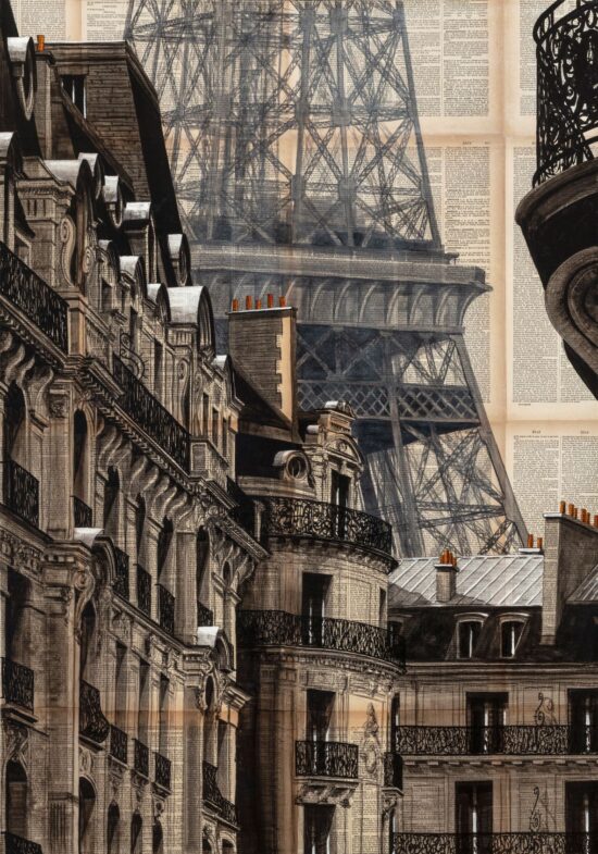 Echec au Roi: tableau de l’artiste contemporain Guillaume Chansarel représentant une vue de la Tour Eiffel à Paris peint sur les pages de livres anciens.