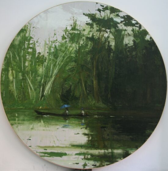 Sailing from Leticia to Santa Rosa: round figurative painting by Spanish artist Calo Carratala depicting a landscape of the Amazon rainforest.