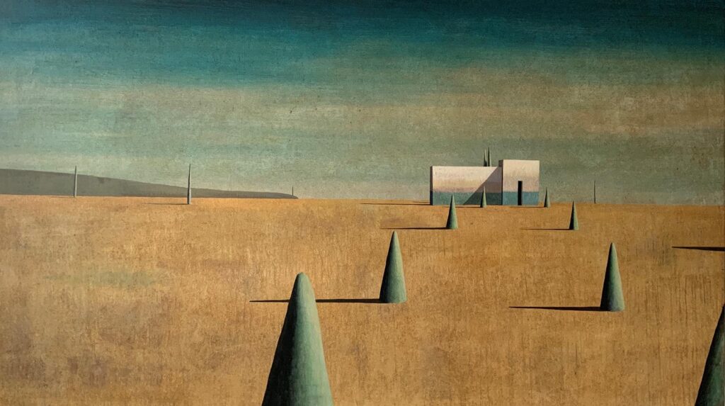 ERCO L : grand tableau de l’artiste espagnol Ramon Enrich représentant un paysage avec architecture
