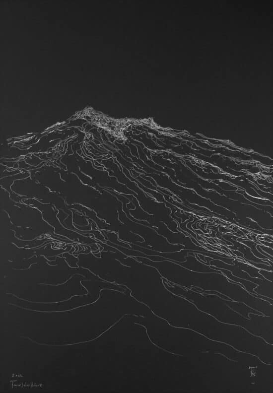 Frontal Wave: silver ink drawing on black paper by French-Chilean artist Franco Salas Borquez depicting an ocean wave in realistic style.