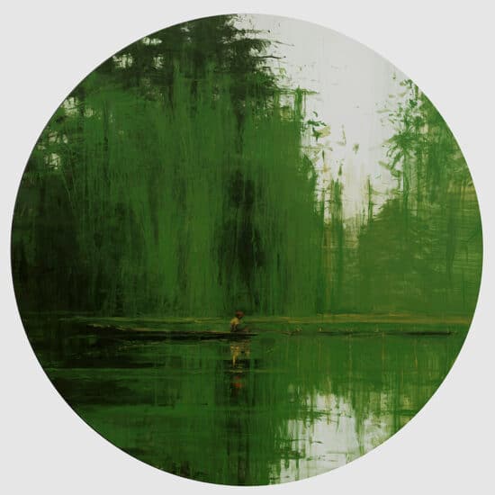 Green Iron Jungles N1: round figurative painting by Spanish artist Calo Carratala depicting a landscape of the Amazon rainforest.