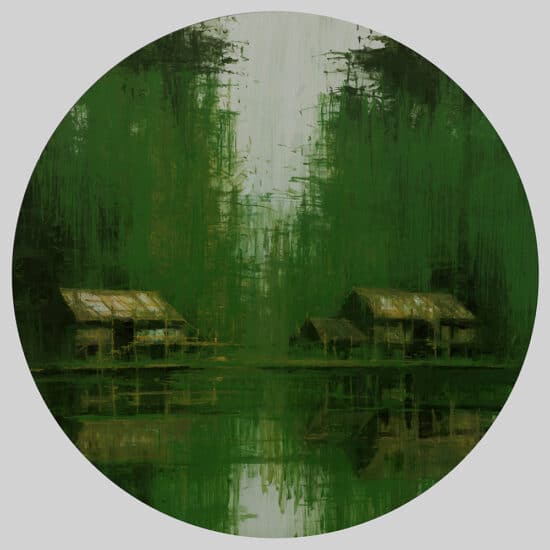 Green Iron Jungles N3: round figurative painting by Spanish artist Calo Carratala depicting a landscape of the Amazon rainforest.