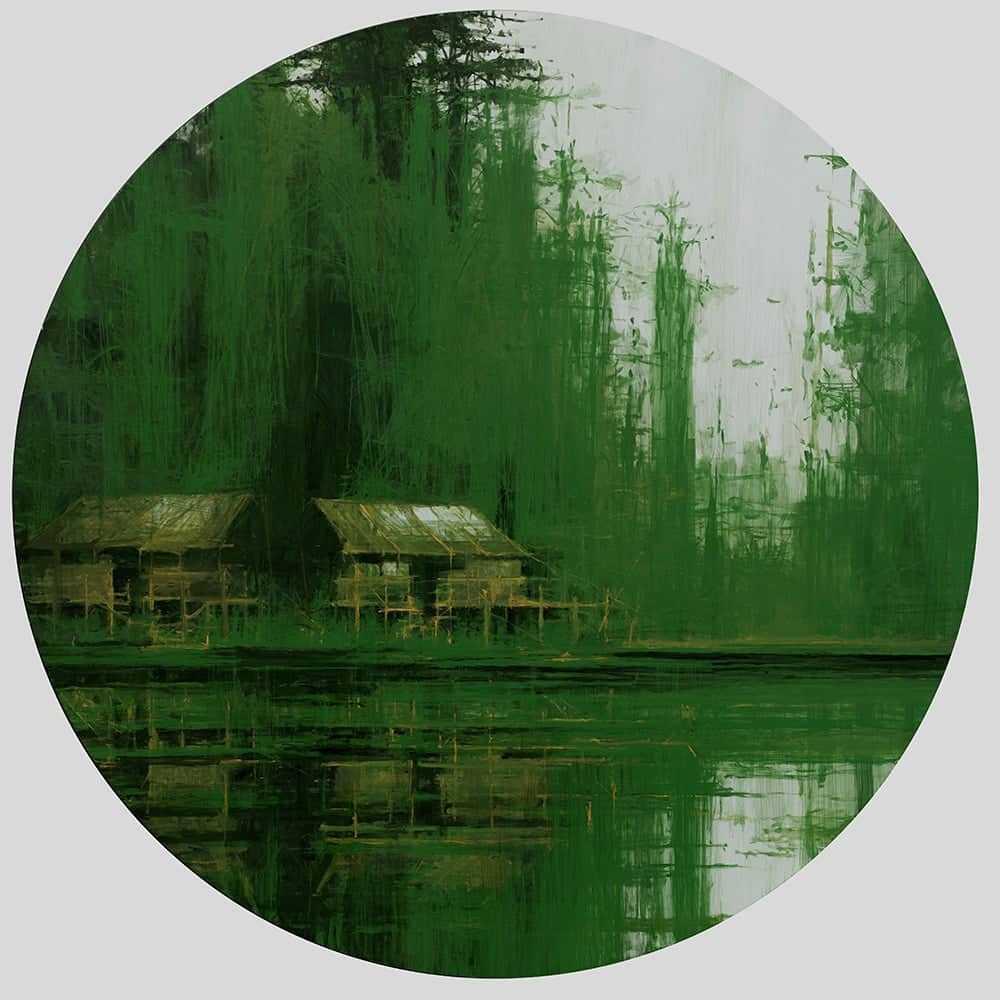 Green Iron Jungles N4: round figurative painting by Spanish artist Calo Carratala depicting a landscape of the Amazon rainforest.