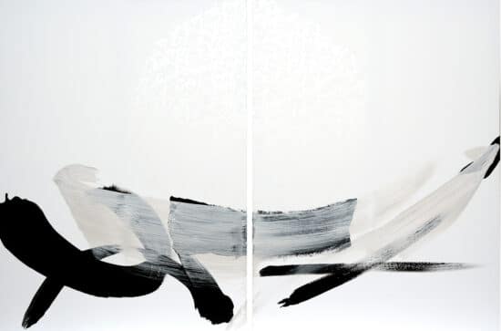 TN 658-D: Contemporary abstract painting by Japanese artist Hachiro Kanno inspired by Japanese calligraphy. This diptych painting from the Artist’s Grey Focus series explores the expressive potential of the brushstroke and testifies of the artist’s ability to link between traditional ink painting and Western abstract expressionism.