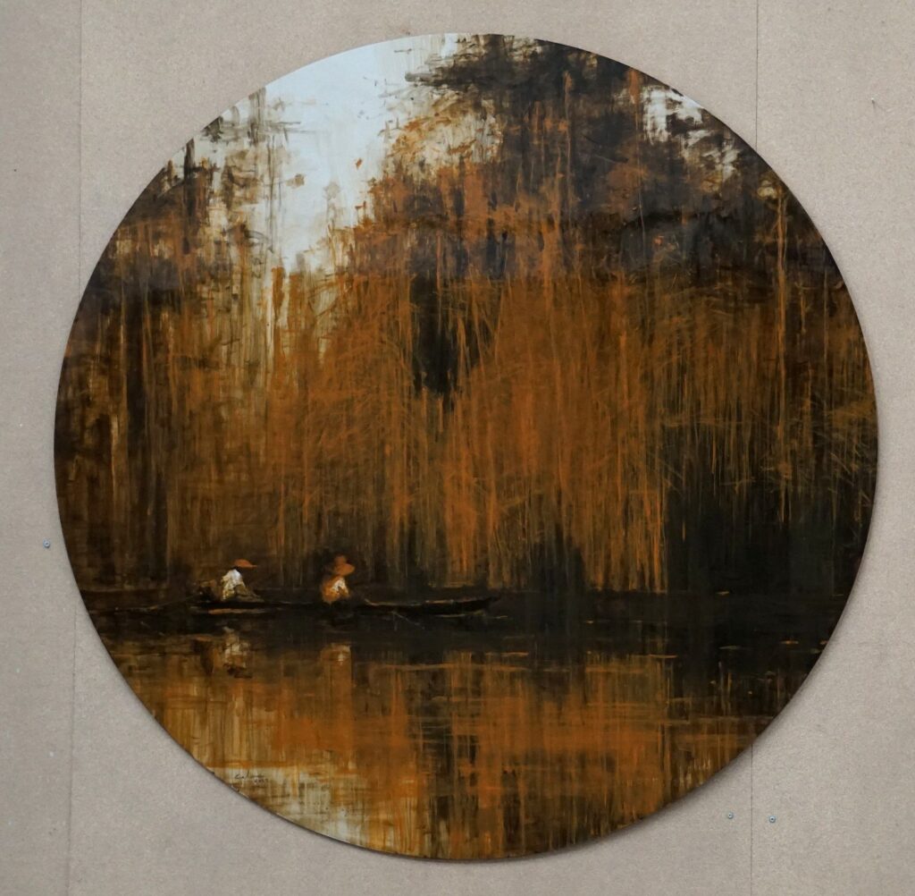 Iron Jungles No. 10: round figurative painting by Spanish artist Calo Carratala depicting a landscape of the Amazon rainforest.