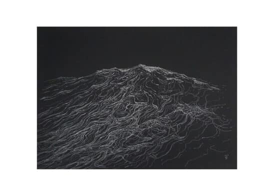 The Silver Roots: silver ink drawing on black paper by French-Chilean artist Franco Salas Borquez depicting an ocean wave in realistic style.