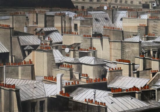 Roofs of Paris II: a painting by contemporary artist Guillaume Chansarel depicting a Parisian landscape painted on old book pages.