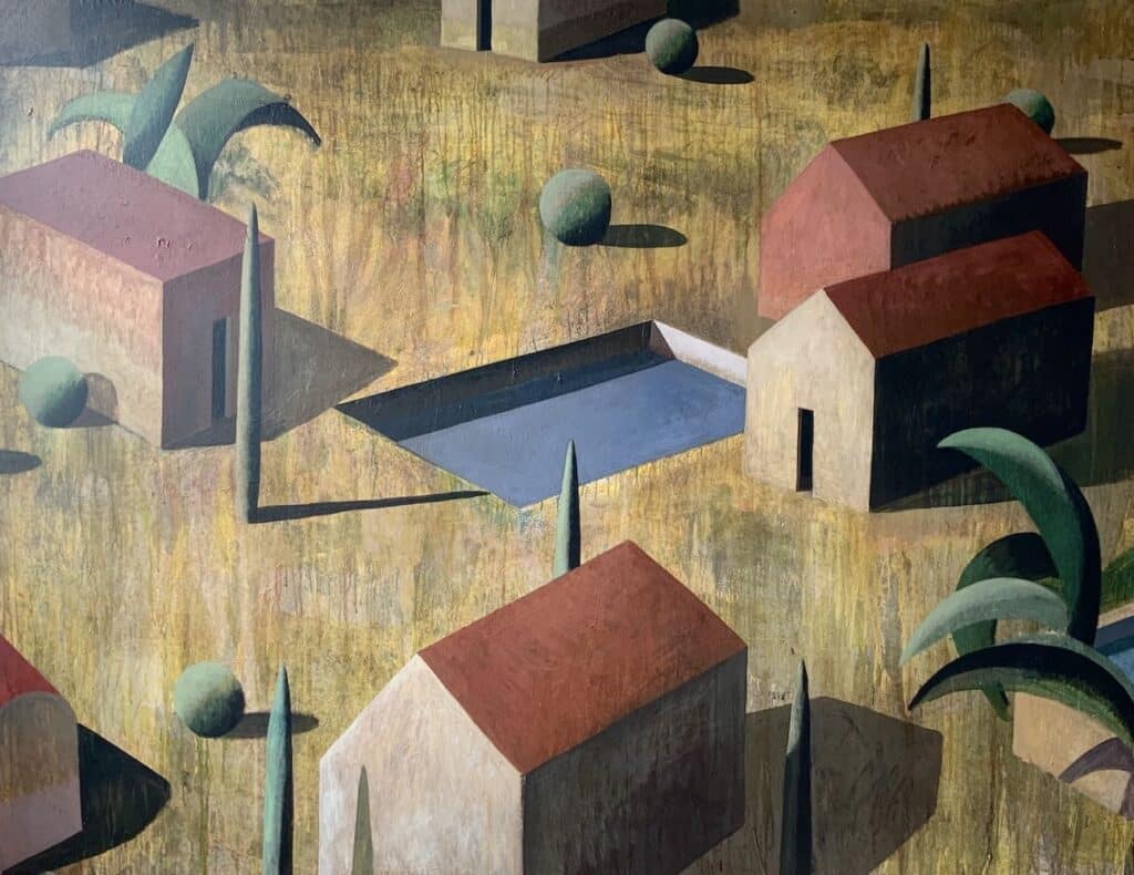 NOE GRAN: large painting by Spanish artist Ramon Enrich depicting a landscape with architecture