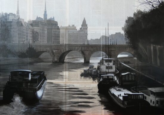 Ondes: tableau de l’artiste contemporain Guillaume Chansarel représentant une vue de la Seine à Paris, peint sur les pages de livres anciens.