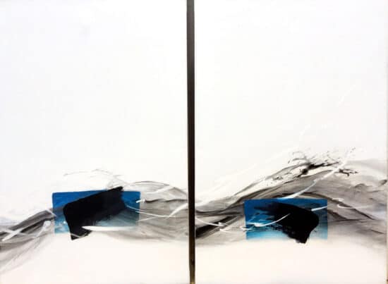 TN83-D : tableau abstrait de l'artiste contemporain japonais Hachiro Kanno, appartenant à la série Focus Bleu. Ce diptyque inspiré par la calligraphie japonaise illustre la capacité de l'artiste à faire le lien entre la peinture à l'encre traditionnelle et l'expressionnisme abstrait occidental.