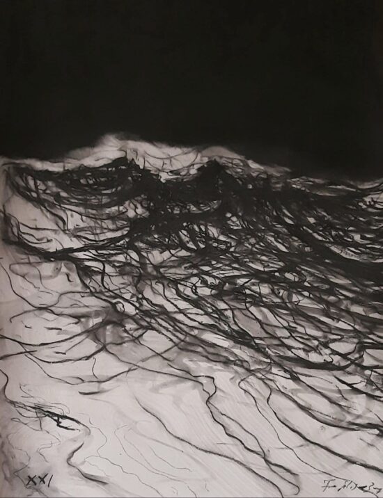 Portrait of a wave: pastel drawing on paper by French-Chilean artist Franco Salas Borquez depicting an ocean wave in the storm.