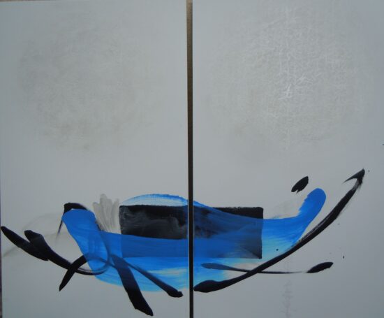 TN 578 D : tableau abstrait de l'artiste contemporain japonais Hachiro Kanno, appartenant à la série Focus Bleu. Ce diptyque inspiré par la calligraphie japonaise illustre la capacité de l'artiste à faire le lien entre la peinture à l'encre traditionnelle et l'expressionnisme abstrait occidental.