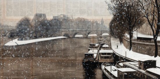 Velours: a painting by contemporary artist Guillaume Chansarel depicting a view of the Seine river in Paris painted on old book pages.