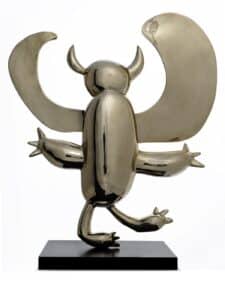 Winged Demon: sculpture in polished bronze by Argentinian artist Marcelo Martin Burgos representing a monster inspired by children drawings.