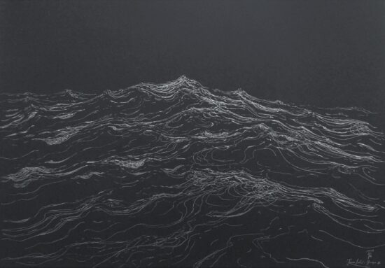 Extreme currents: silver ink drawing on black paper by French-Chilean artist Franco Salas Borquez depicting an ocean wave in realistic style.