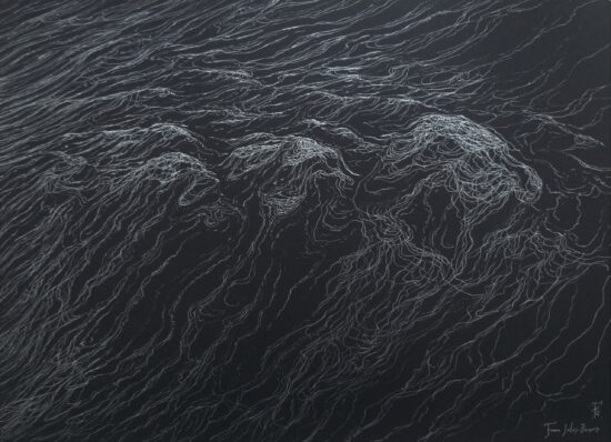 The Walk of the Swells: silver ink drawing on black paper by French-Chilean artist Franco Salas Borquez depicting a bird's-eye-view of ocean waves in realistic style.