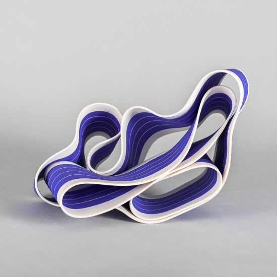 Folding in motion 2: ribbon-like ceramic sculpture by Simcha Even-Chen made with paper porcelain painted in blue with white stripes.